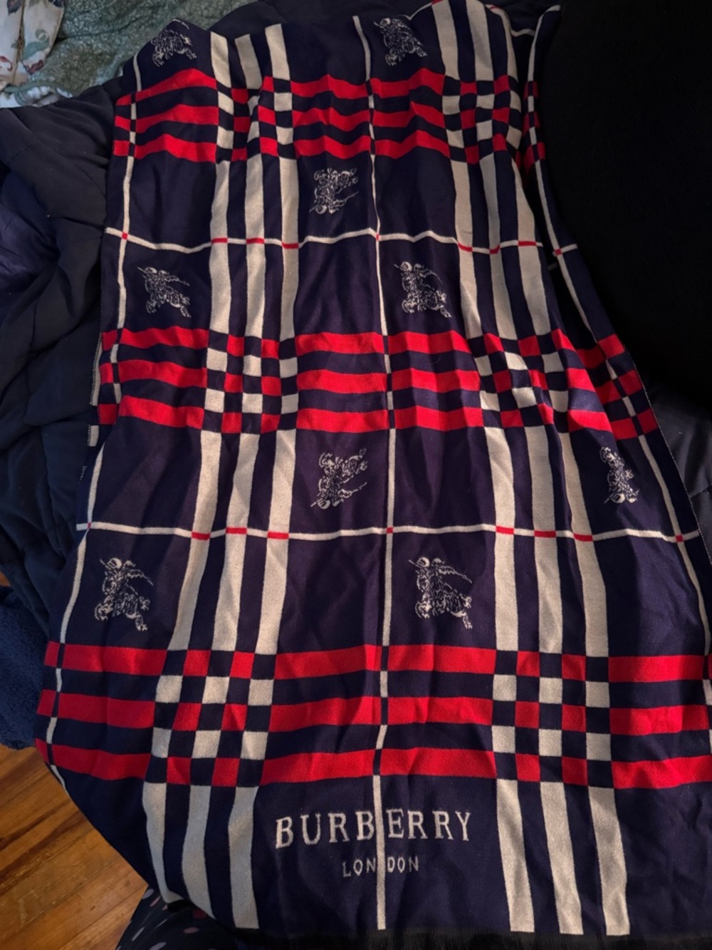 FAUX Burberry London Navy, Red & White Check Large Scarf